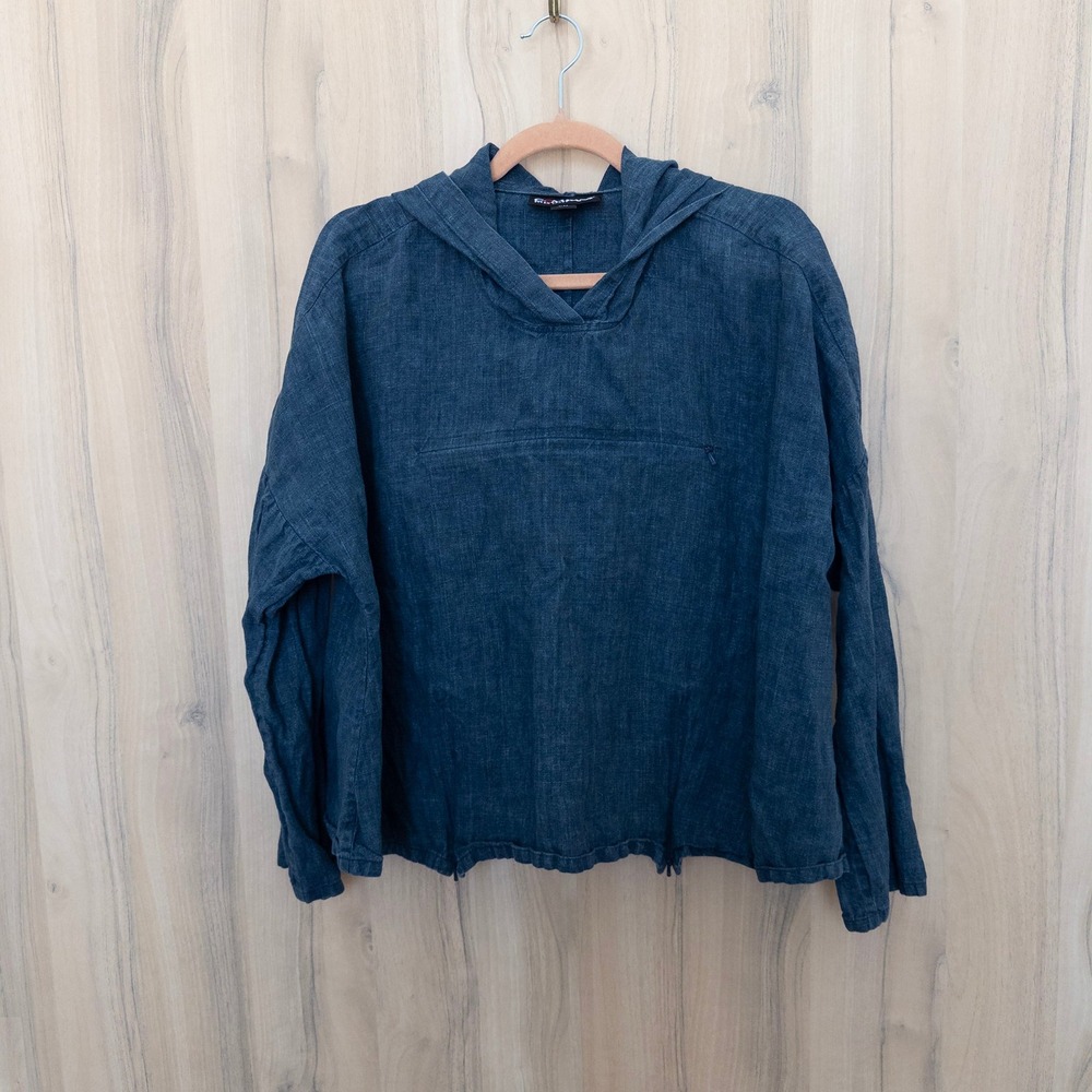 Company Ellen Tracy Travel Linen Hoodie S Blue Pullover Pocket Lagenlook Coastal